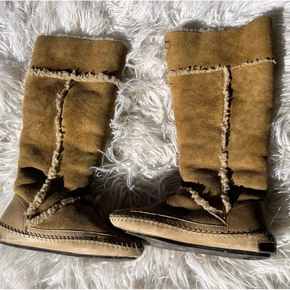 Tory Burch Camel Leather Suede Shearling Tall Reva Moccasin Boots